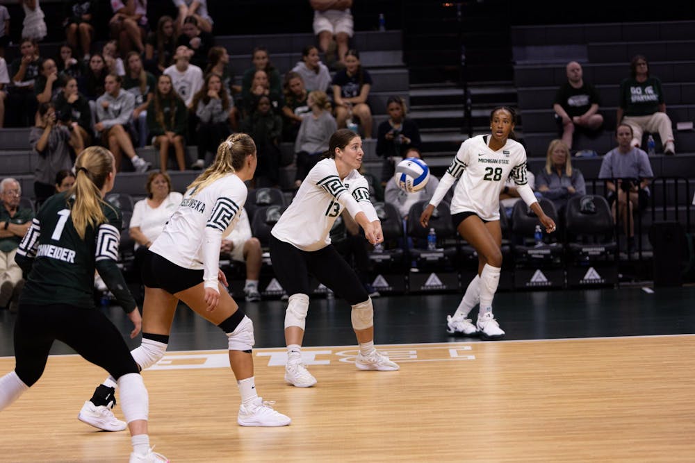 <p>Michigan State redshirt sophomore defensive specialist Sarah Vellucci (13) digs the ball during the Michigan State vs Western Michigan volleyball game at the Breslin Center on Tuesday, Sept. 8, 2026.</p>