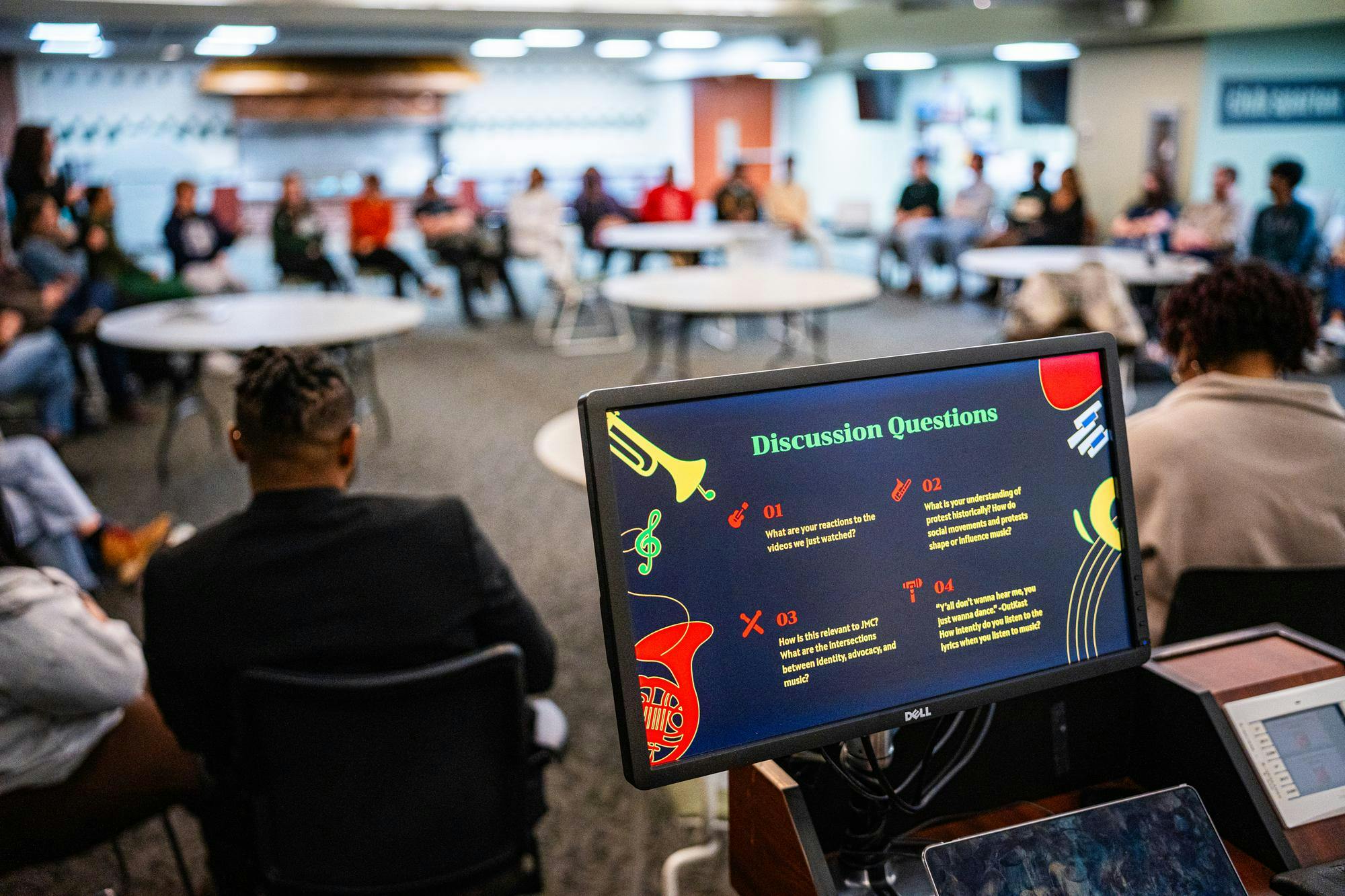 Attendees tackle a series of discussion questions about protest in the form of music during an event hosted by the W.E.B. Du Bois Society at Case Hall on Feb. 12, 2025.