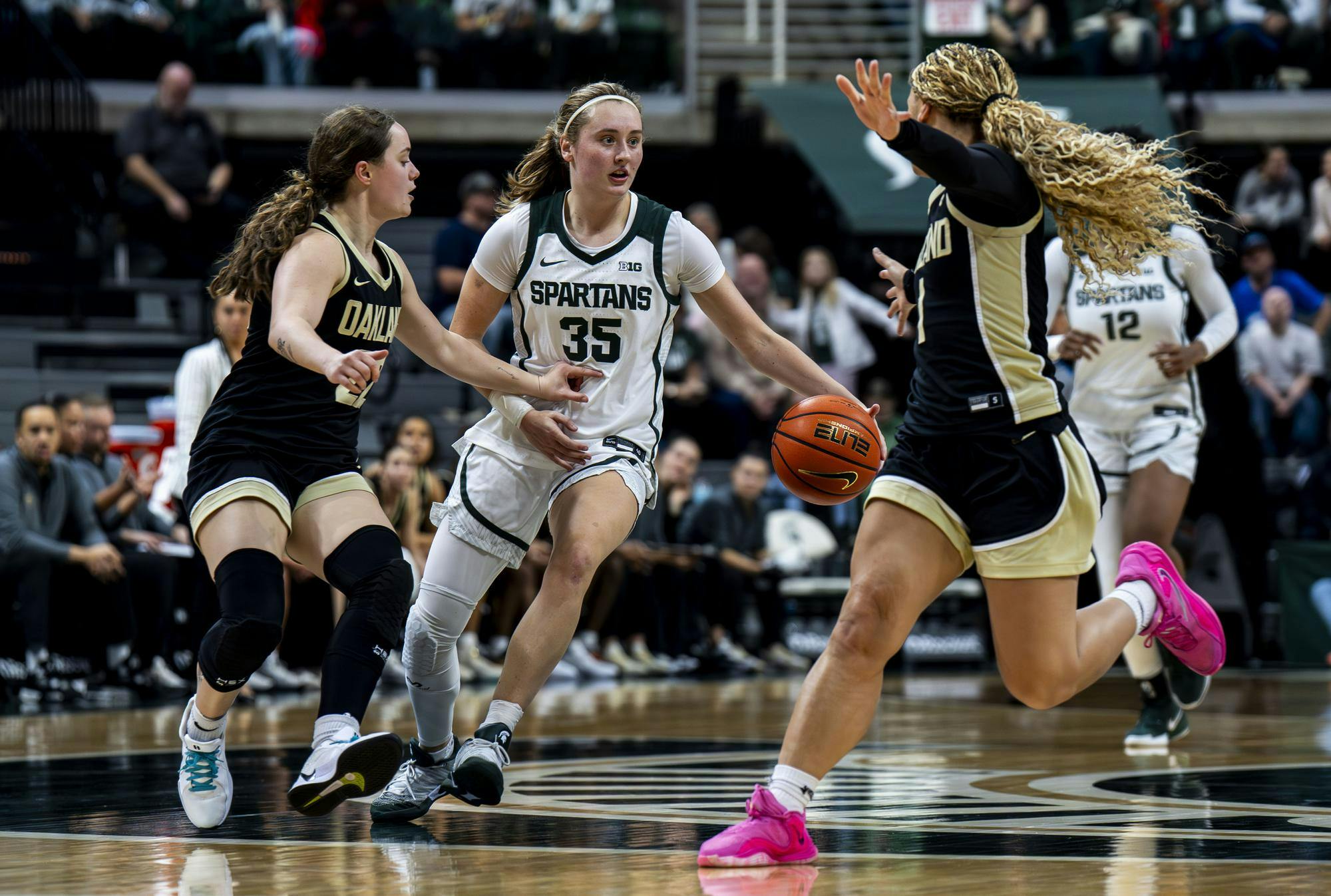 <p>MSU redshirt sophomore guard Kennedy Blair (35) dribbles the ball across the court at the Breslin Student Events Center in East Lansing, Mich., on Nov. 23, 2025.</p>
