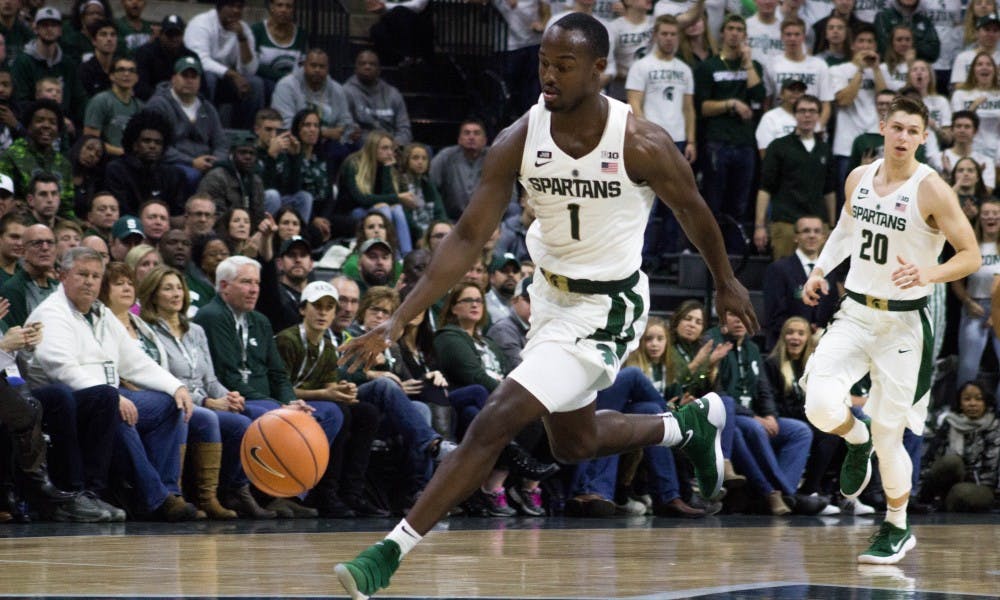 Sophomore guard Joshua Langford (1) dribbles the ball down the court during the game against North Florida on Nov. 10, 2017, at Breslin Center. The Spartans defeated the Ospreys 98-66.