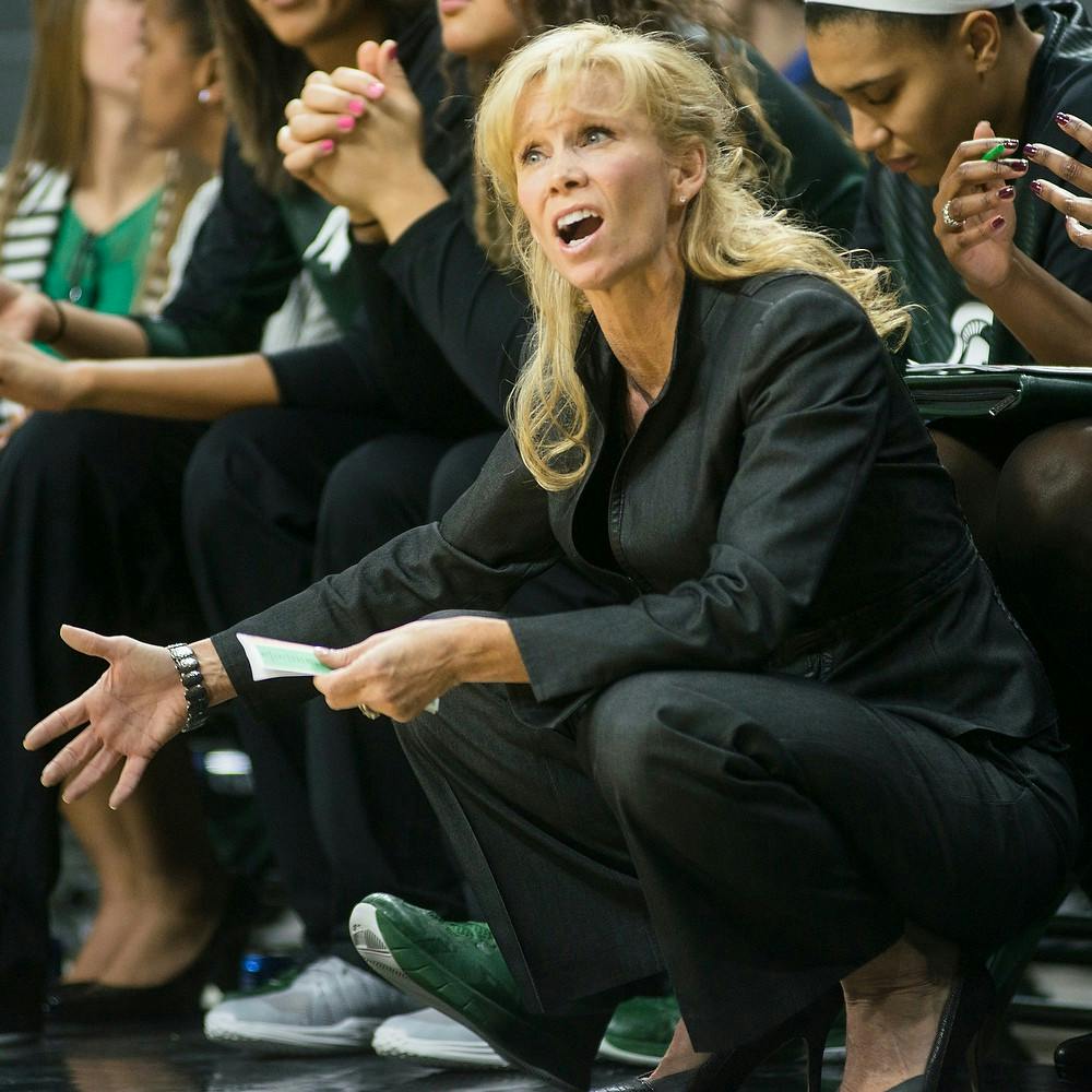 <p>Head coach Suzy Merchant reacts to a call on the Spartans Jan. 8, 2015, during the game against Nebraska at Breslin Center. The Spartans were defeated by the Huskers, 71-67. Erin Hampton/The State News</p>