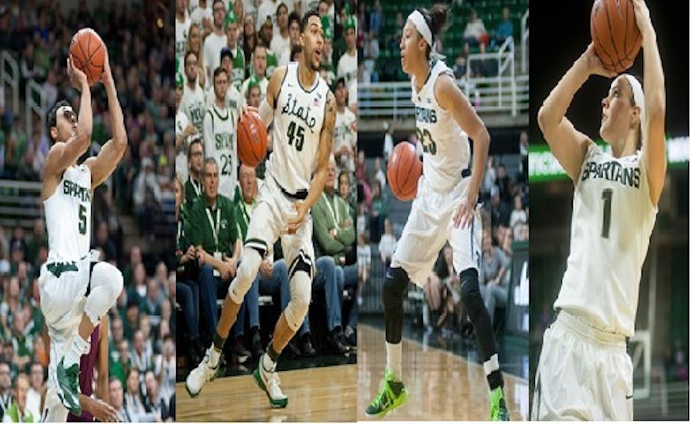 <p>From left to right: senior guard Bryn Forbes, senior guard Denzel Valentine, junior forward Aerial Powers and junior guard Tori Jankoska.&nbsp;</p>