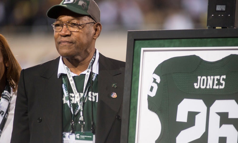 <p>Former Michigan State running back Clinton Jones looks out into the crowd prior to the game against Oregon on Sept. 12, 2015, at Spartan Stadium. Jones was recently inducted into the MSU Ring of Fame. </p>