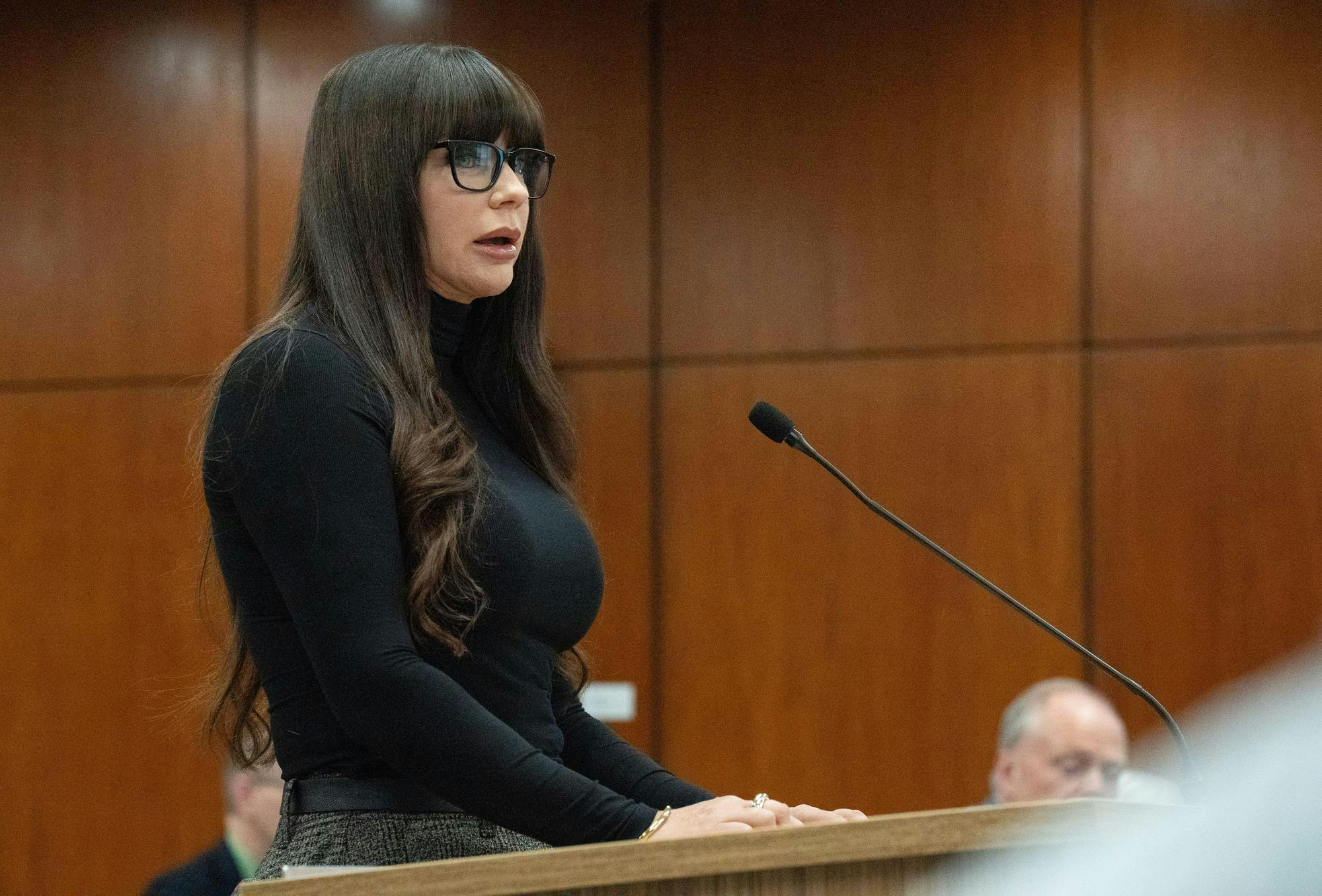 <p>Sexual violence awareness advocate Brenda Tracy, who is a survivor of Mel Tucker's harassment, confronts the Board of Trustees during a meeting at the Hannah Administration building on Oct. 25, 2024. "I’m not going to mince words with you," Tracy told the board. "I’m here today to tell you some of the ways you have harmed me."</p>