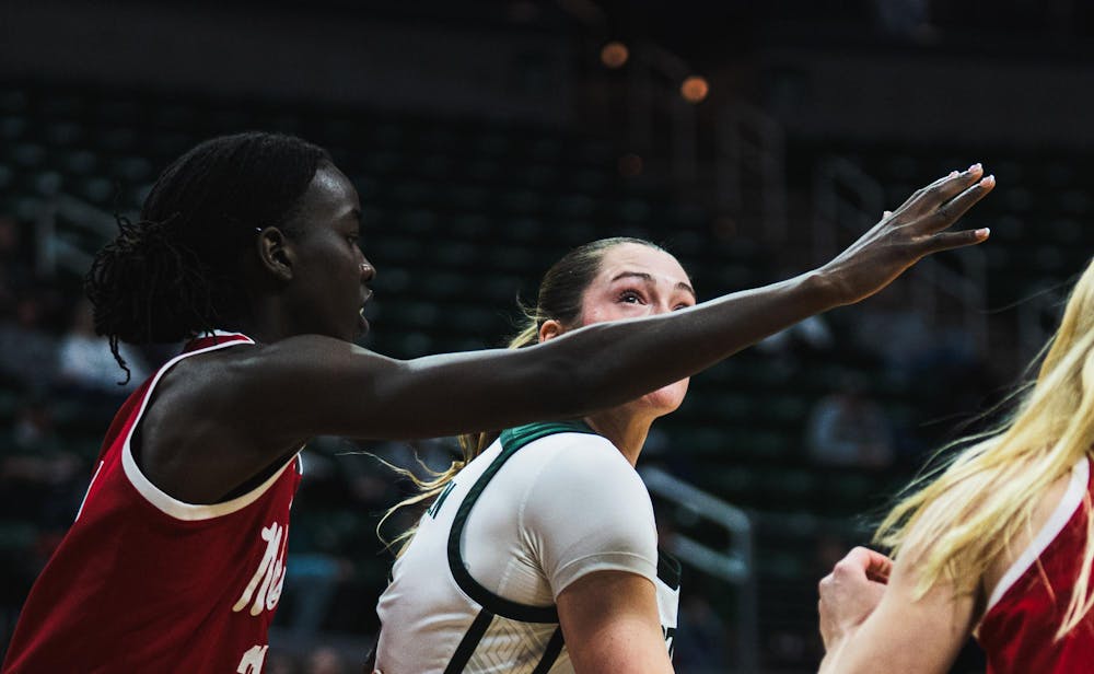 <p>MSU senior forward Grace VanSlooten (14) looks for the basket against Nebraska at the Breslin Center in East Lansing, MI, on Jan. 15, 2026.</p>