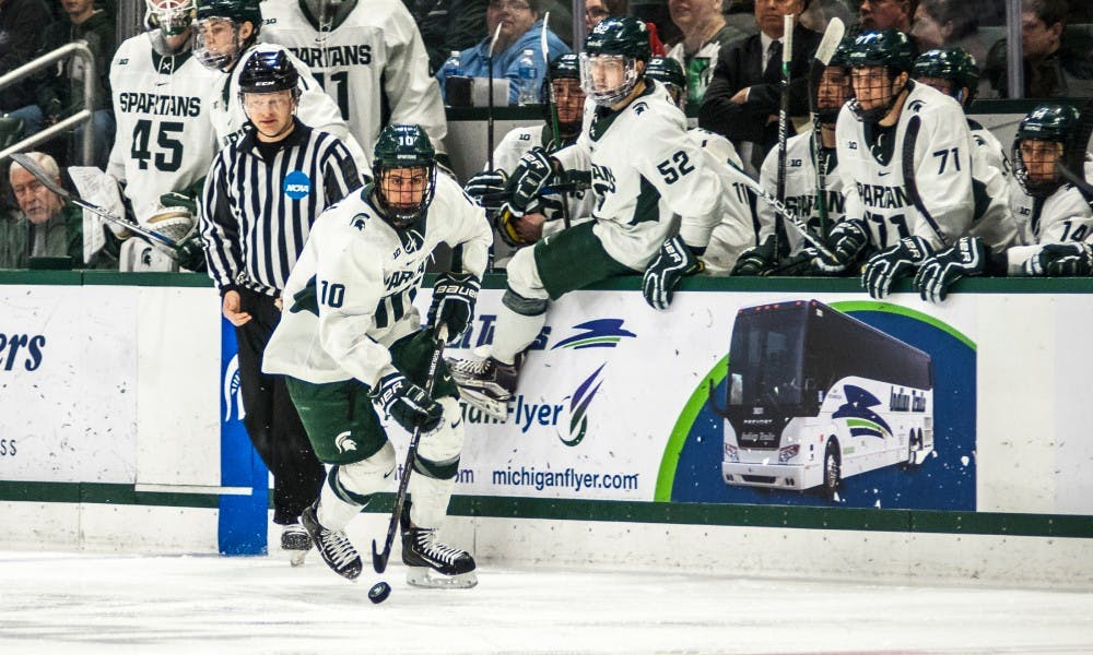 freshman center Sam Saliba (10) looks for an opportunity to score during the game against Ohio State on Feb. 17, 2017 at Munn Arena. The Spartans were defeated by the buckeyes, 3-2.