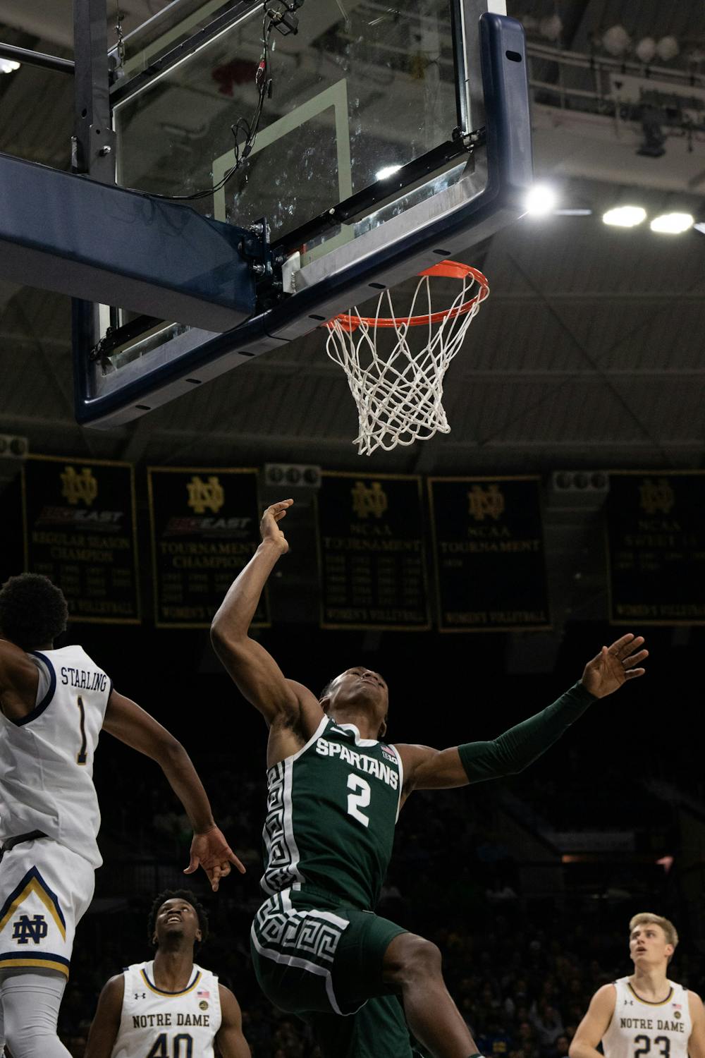 <p>Senior guard Tyson Walker attempting a layup during the Notre Dame v. MSU game held at the Joyce Center on November 30, 2022. The Spartans lost to the Fighting Irish 52 -70.</p>