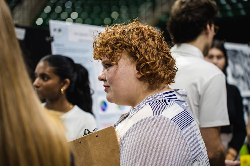 <p>Student researchers gather and present at the URAF conference at the Breslin Center on Apr. 14, 2023.</p>