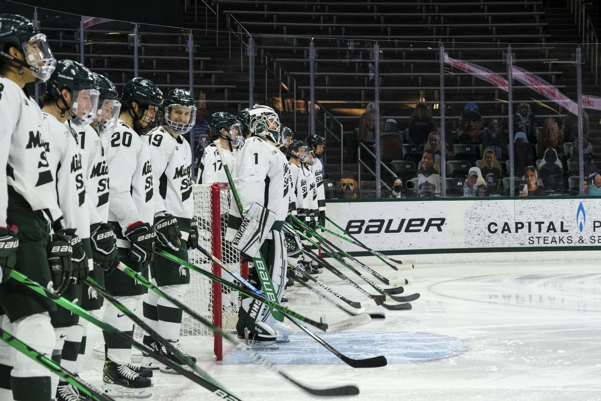 <p>MSU hockey gets ready for another game against Michigan on January 9, 2021 at Munn Ice Arena. The Spartans defeated the Woverines, 3-2.</p>