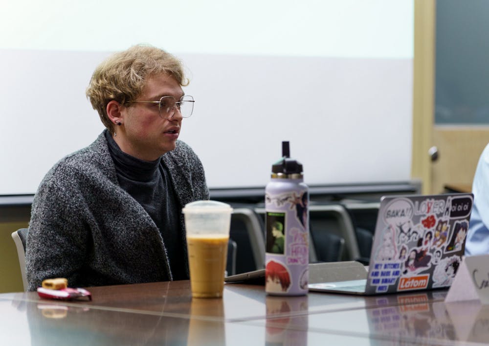 <p>Candidate for president of ASMSU Michigan State junior Carl Austin Miller Grondin answers one of the moderator&#x27;s questions. The ASMSU Presidential debate was held in the Student Services Building Conference Room on April 18, 2022.</p>
