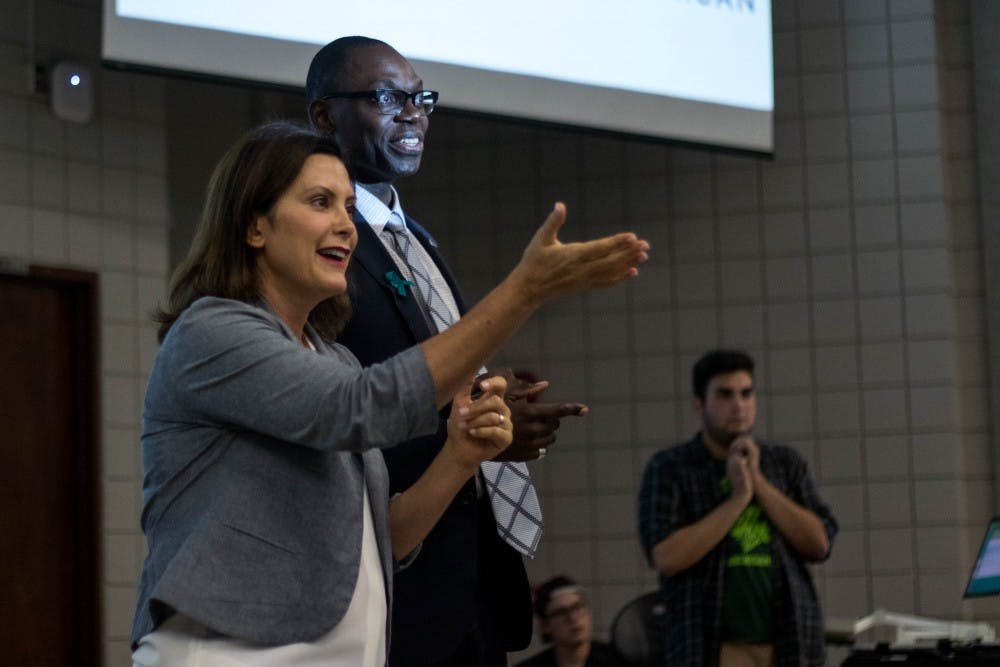 Democratic nominee for Michigan governor Gretchen Whitmer and running mate Garlin Gilchrist answer questions from the MSU College Democrats at Wells Hall on Sept. 18, 2018.