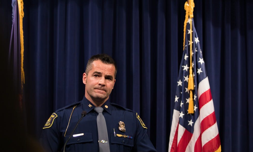 Michigan State Police Col. Joe Gasper speaks during a press conference at the G. Mennen Williams Building in Lansing on Feb. 21, 2019.