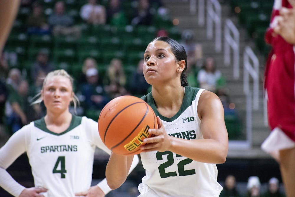 Michigan State University graduate guard Moria Joiner (22) prepares to shoot a free-throw during a game against Nebraska at the Breslin Center on Dec. 9, 2023. The Spartans lost to the Cornhuskers 74-80. 