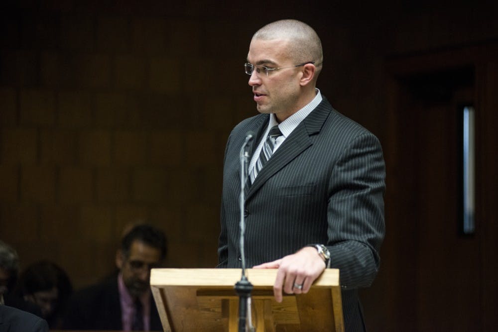 Defense attorney Matt Newbury addresses the court during the preliminary examination on Feb. 17, 2017 at 55th District Court in Mason, Mich. The preliminary examination occurred as a result of former MSU employee Larry Nassar's alleged sexual abuse.