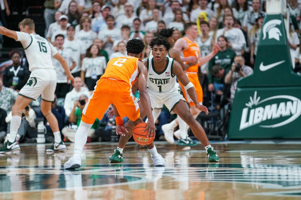 <p>Freshman guard Jeremy Fears Jr. (1) defending during a game against Tennessee at the Breslin Student Events Center on Oct. 29, 2023.</p>