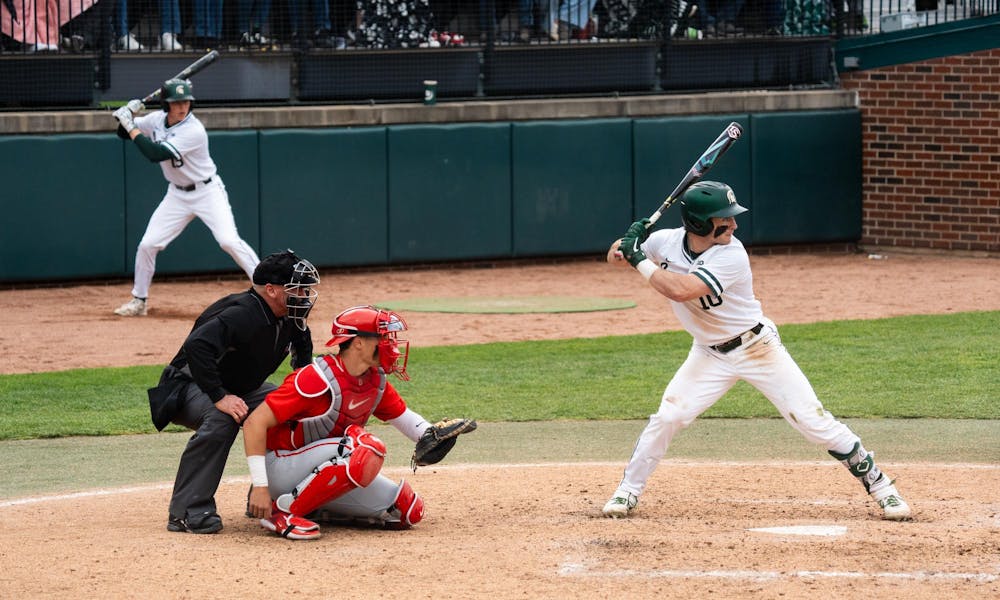 <p>Michigan State senior outfielder Nick Williams (10) prepares to swing at McLane Stadium on April 19, 2025. </p>