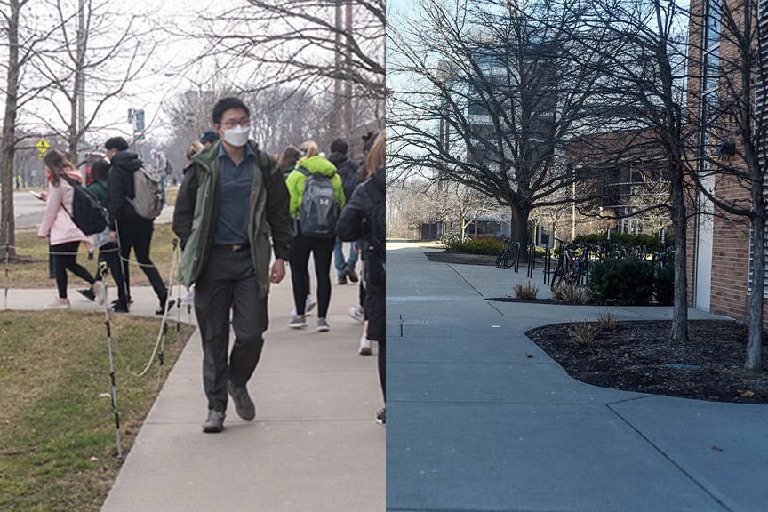 <p>LEFT: Michigan State University students attend their last in-person class of the semester after receiving news that MSU would transition to online-only classes on March 11, 2020. Photo by Di&#x27;Amond Moore</p><p>RIGHT: A sidewalk near the Chemistry Building on March 25, 2020. East Lansing is largely silent amid the coronavirus pandemic. Photo by Annie Barker</p>