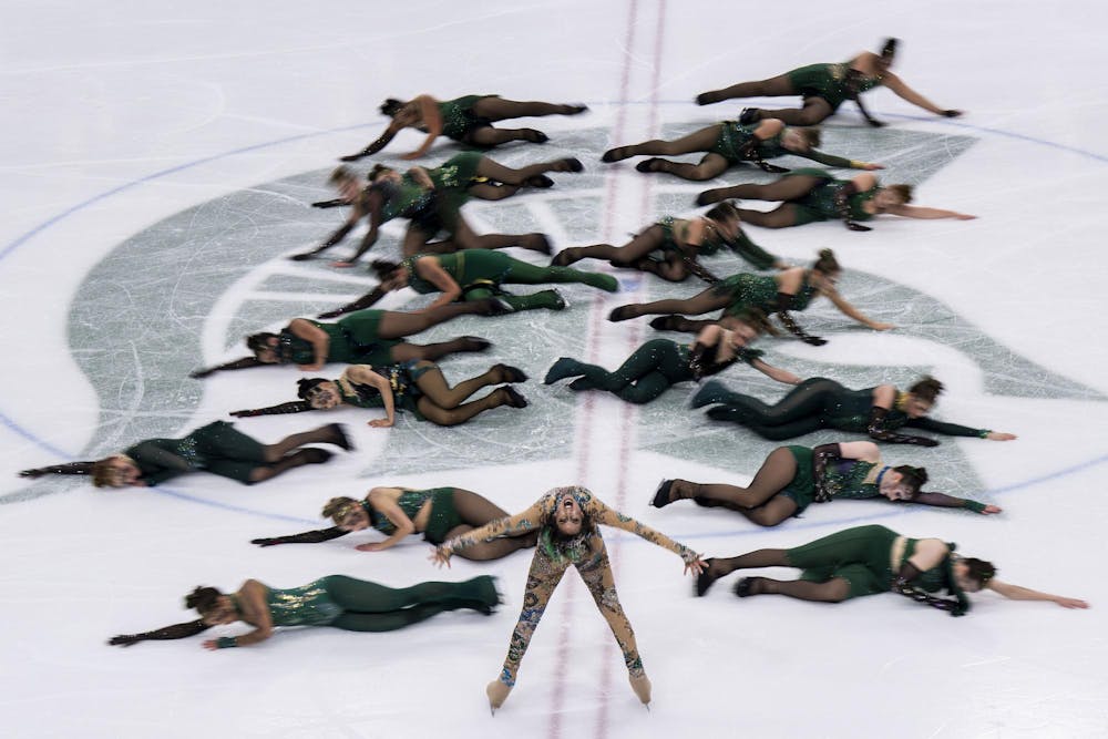 The Harmony Theatre Company competes for the Nations and Gold Cup for the Theater on Ice 2026 competition in the Munn Ice Arena in East Lansing, Mich., on April 26, 2026. 