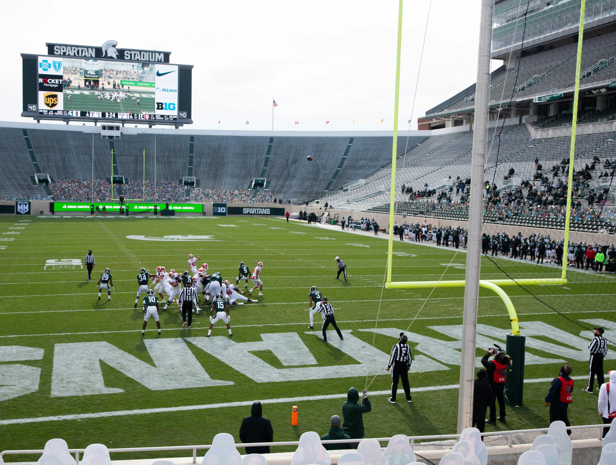 <p>Indiana University kicker Charles Campbell (93) makes a field goal during a football game against Michigan State at Spartan Stadium on Nov. 14, 2020.</p>