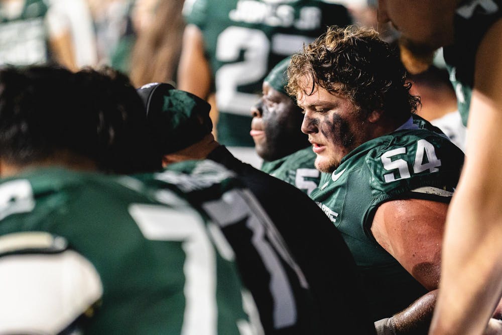 <p>MSU sophomore offensive line Cooper Terpstra (54) sits on the bench at the Ford Field Stadium in Detroit, MI, on Nov. 29, 2025.</p>