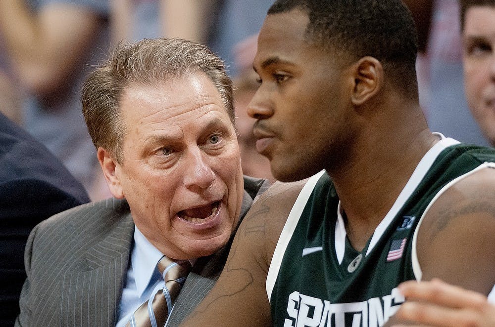 	<p>Head coach Tom Izzo talks to senior center Derrick Nix during the game against Ohio State on Sunday at Value City Arena in Columbus, Ohio. The Spartans lost to the Buckeyes, 68-60.</p>