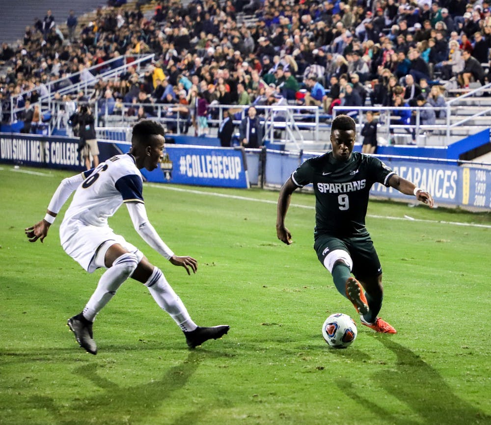 Freshman forward Farai Matuta (9) settles the ball during the game against Akron on Dec. 7, 2018 at Harder Stadium. The Spartans trail the Zips 2-0 at halftime.