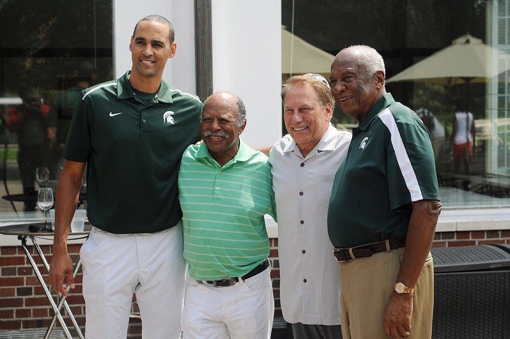 <p>From left, David Thomas, former MSU Basketball player and current Director of Men's Basketball Operations, Gregory Eaton, Michigan's first African American lobbyist, head men's basketball coach Tom Izzo and Joel Ferguson, chairman of the board of trustees  pose for a picture August 11, 2015 at the Detroit Golf Club during the MSU Black Alumni Association Golf Classic. Joshua Abraham/The State News</p>