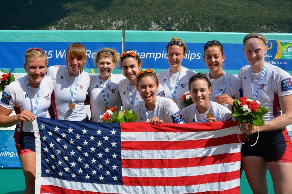 <p>MSU women's rowing celebrate with teammates after winning the gold medal in the women's eight event at the 2015 World Rowing Championships in Aiguebelette, France. Emily Regan is on the far right. STATE NEWS FILE PHOTO</p>