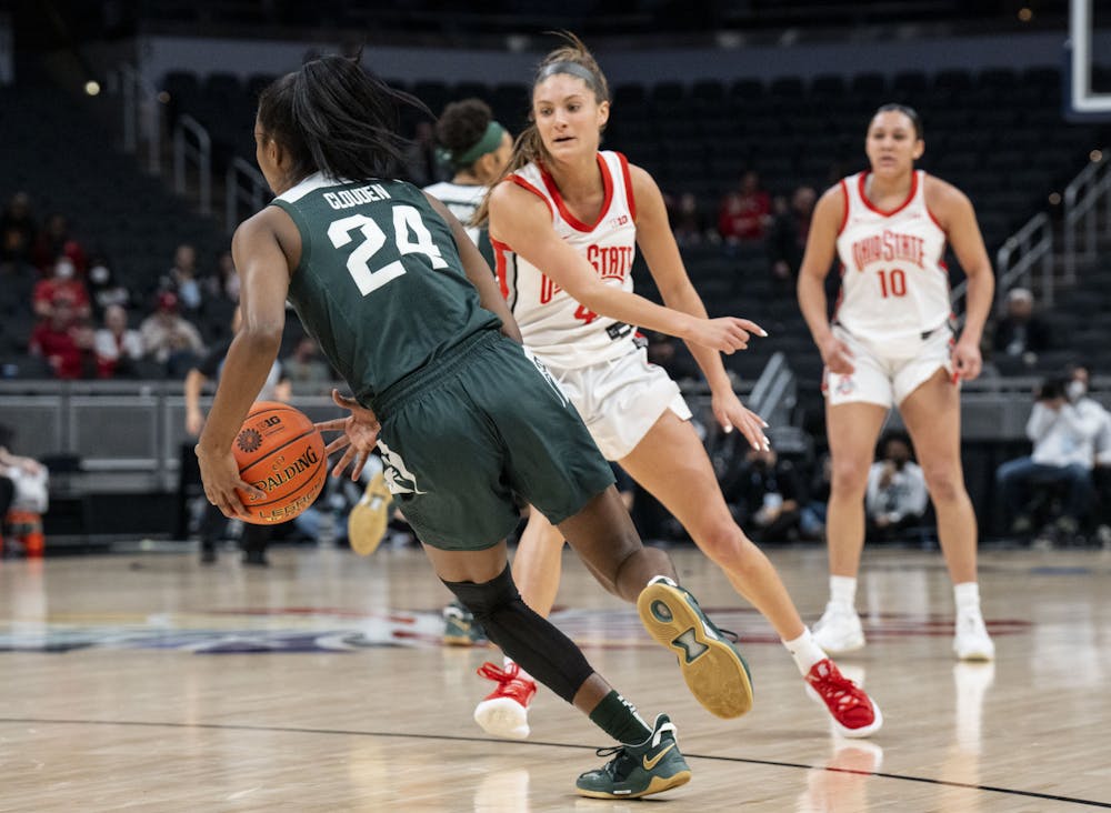 <p>The Spartans took on the Ohio State Buckeyes for their second game of the B1G tournament at Gainbridge Fieldhouse in Indianapolis, Indiana. Shot on March 4, 2022.</p>