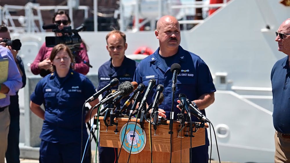 <p>The U.S. Coast Guard hold a press briefing on June 22, 2023 to provide an update on the search for the missing OceanGate submarine that was exploring the wreck of the Titanic. Photo by Briana Carter, U.S. Coast Guard.</p>