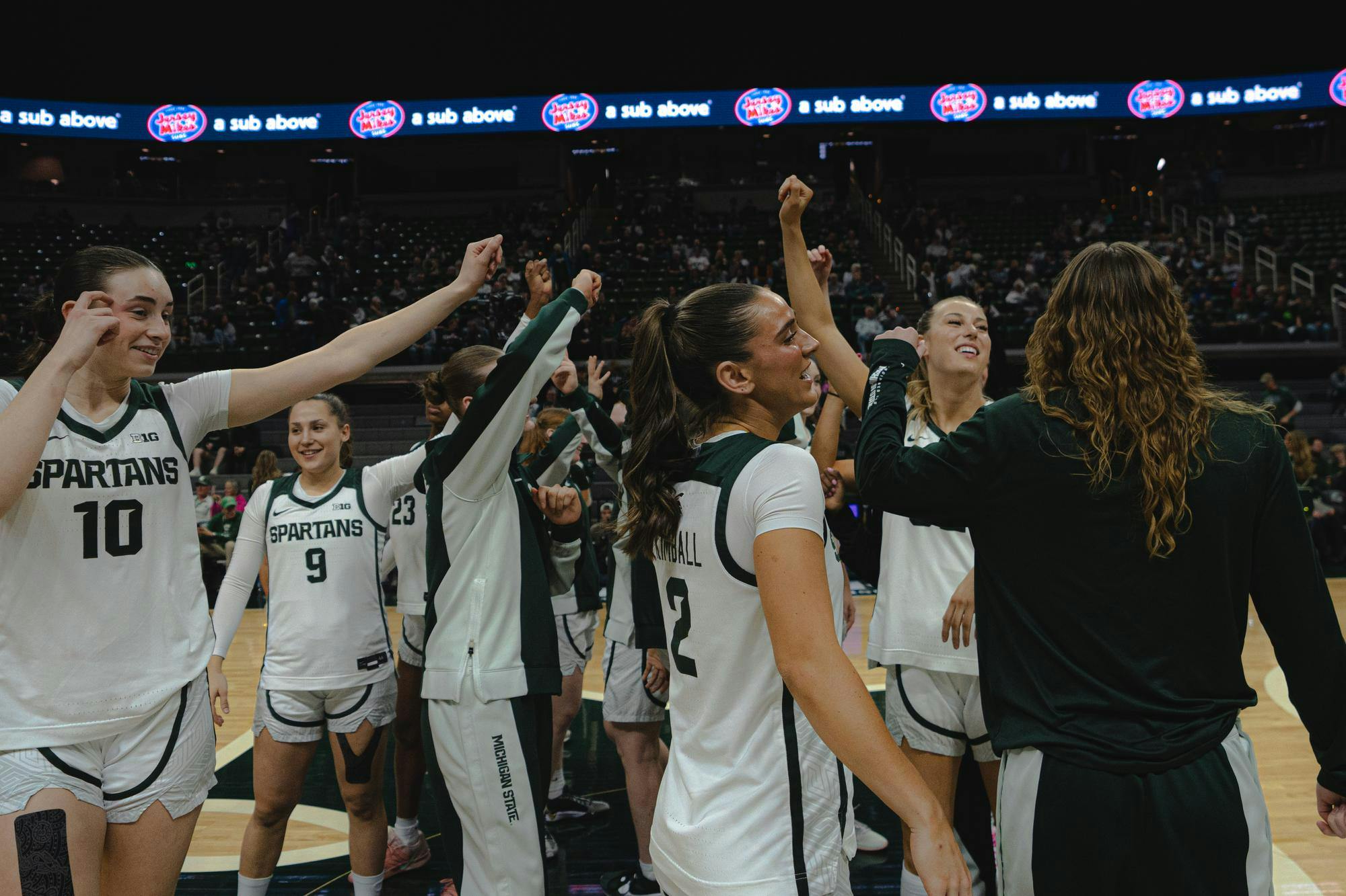 MSU women's basketball team celebrates on the court at the Breslin Center in East Lansing, MI, on Feb. 18, 2026.

