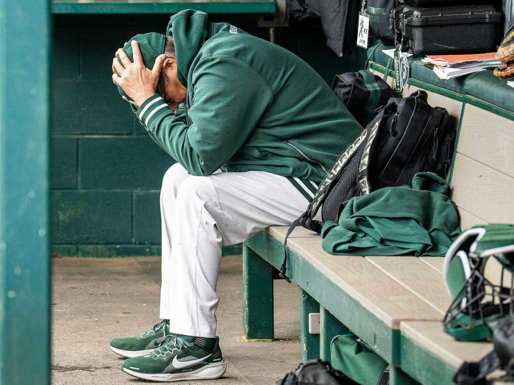 <p>Michigan State pitching coach Mark Van Ameyde reacts to a 9th inning Oregon run at Ishbia Field in McLane Stadium in East Lansing, Michigan on May 4, 2025.</p>