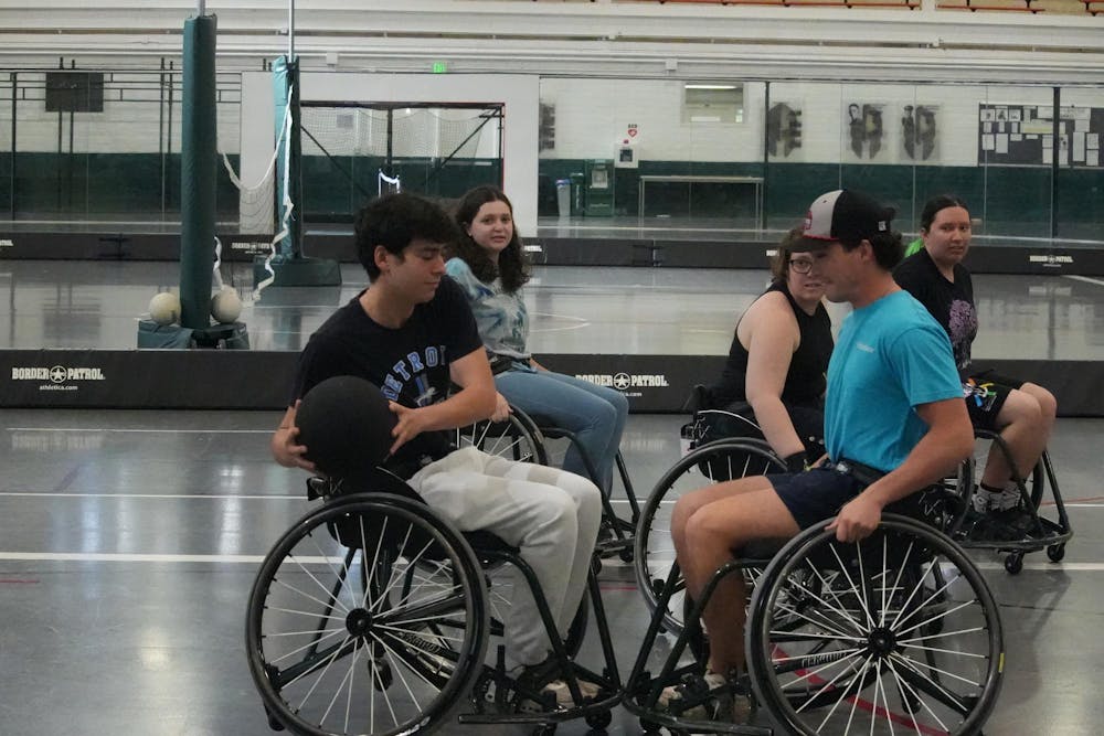 <p>Two teams battle against each other during a game of trashketball on Oct. 5th, 2024 during Adaptive Recreation day. Adaptive Recreation is a program through MSU Recreational sports to give everyone a chance to play team sports such as basketball, pickleball, and volleyball.</p>