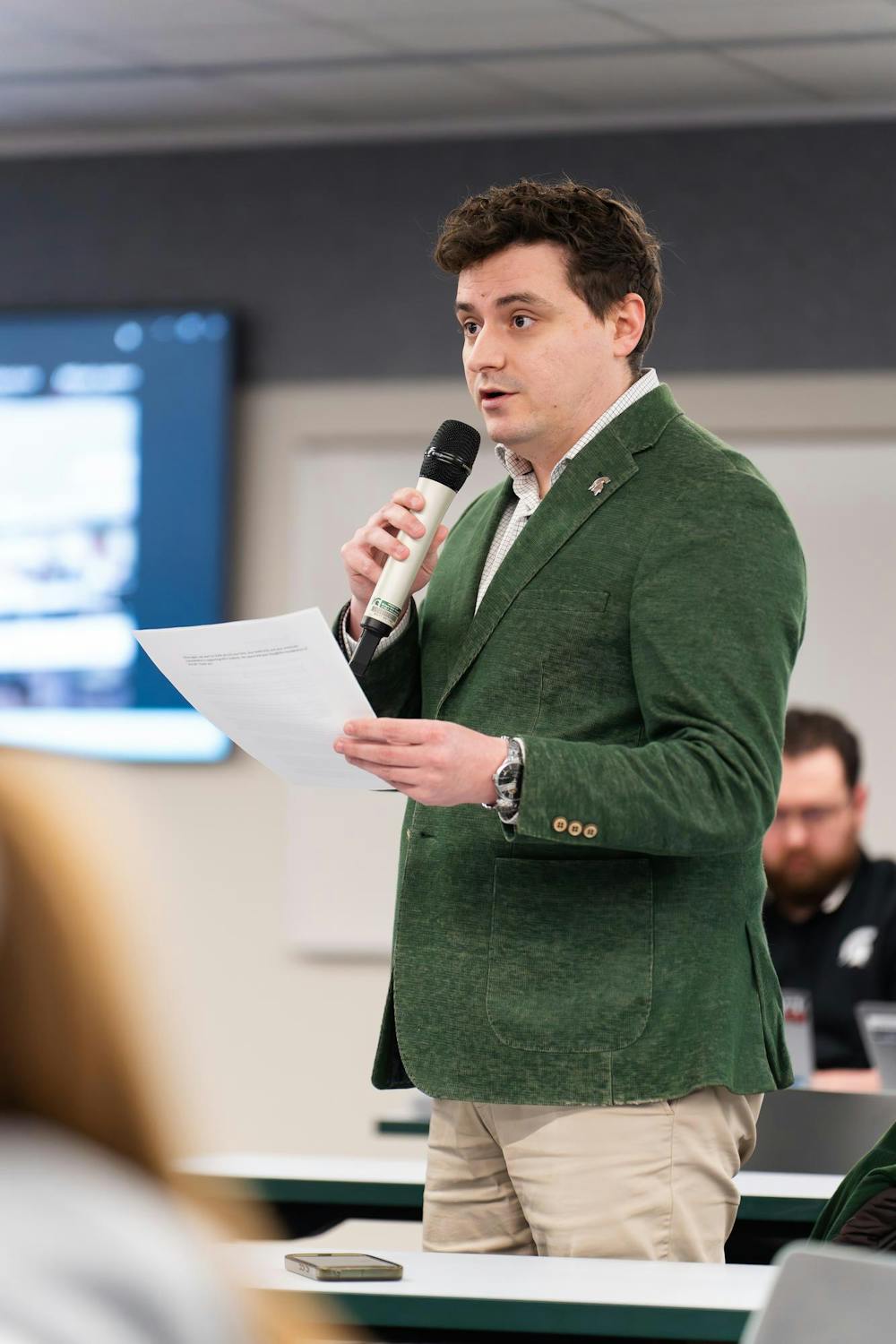 <p>MSU Esports Director Christopher Bilski addresses the ASMSU Board at the MSU International Center in East Lansing, Michigan, on Jan. 22, 2026.</p>