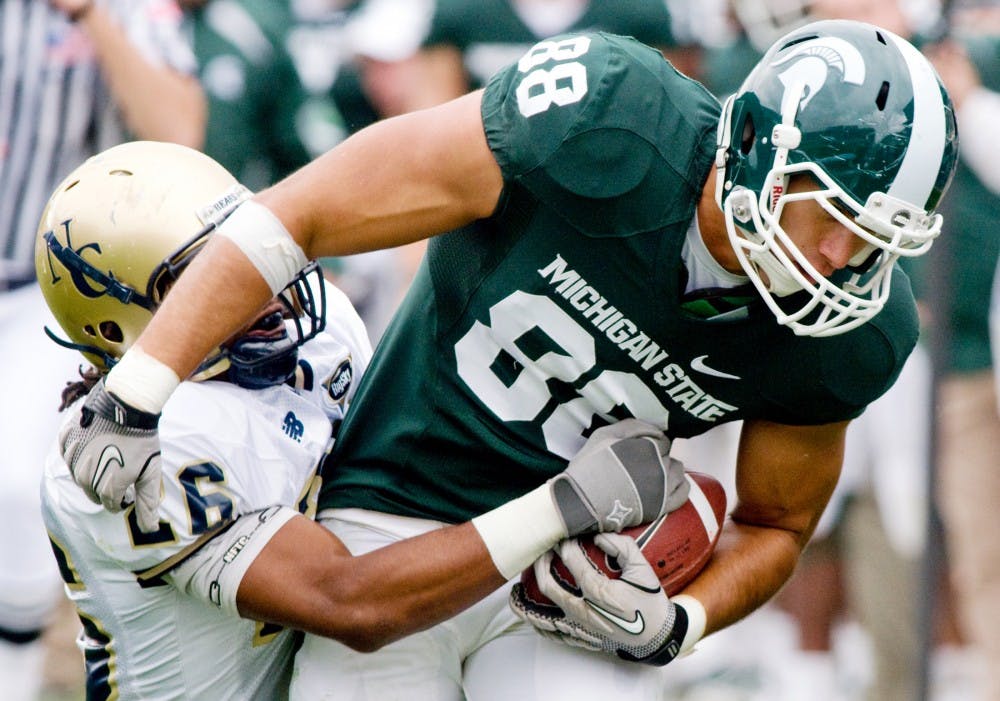 	<p>Junior tight end Brian Linthicum pulls in a catch against Northern Colorado on Sept. 25, 2010, at Spartan Stadium. Linthicum is on one year probation for an incident on March 10 in Aspen, Colo.</p>