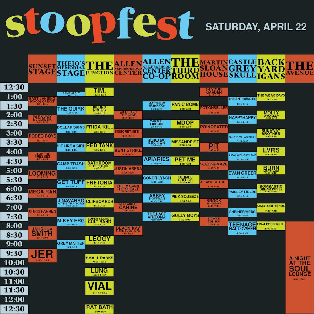 Saturday Stoopfest schedule.