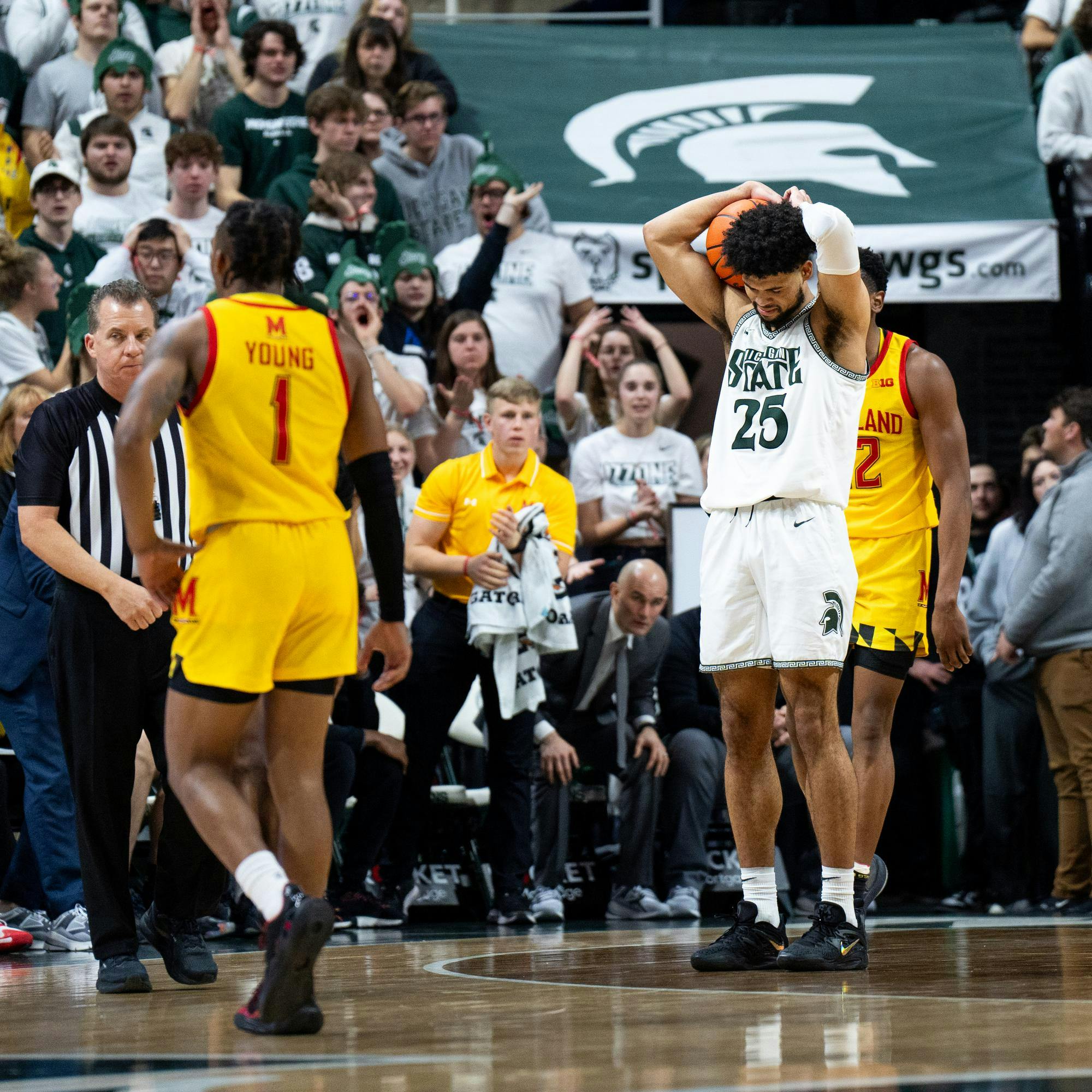 <p>Michigan State University graduate student forward No. 25 Malik Hall reacts to a foul called on him during a MSU vs Maryland men’s basketball game at the Breslin Center in East Lansing on Feb. 3, 2024. Both MSU and Maryland came into the game with a tied in-conference record and are looking to move up in the Big 10 standings.</p>