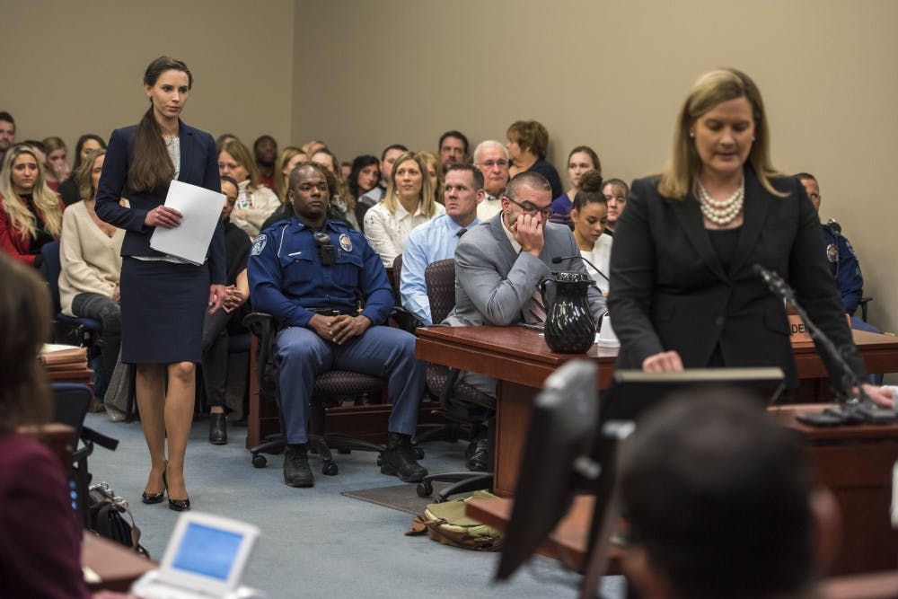 Rachael Denhollander waits to give her statement on the seventh and final day of Ex-MSU and USA Gymnastics Dr. Larry Nassar's sentencing on Jan. 24, 2018 at the Ingham County Circuit Court in Lansing. (Nic Antaya | The State News)