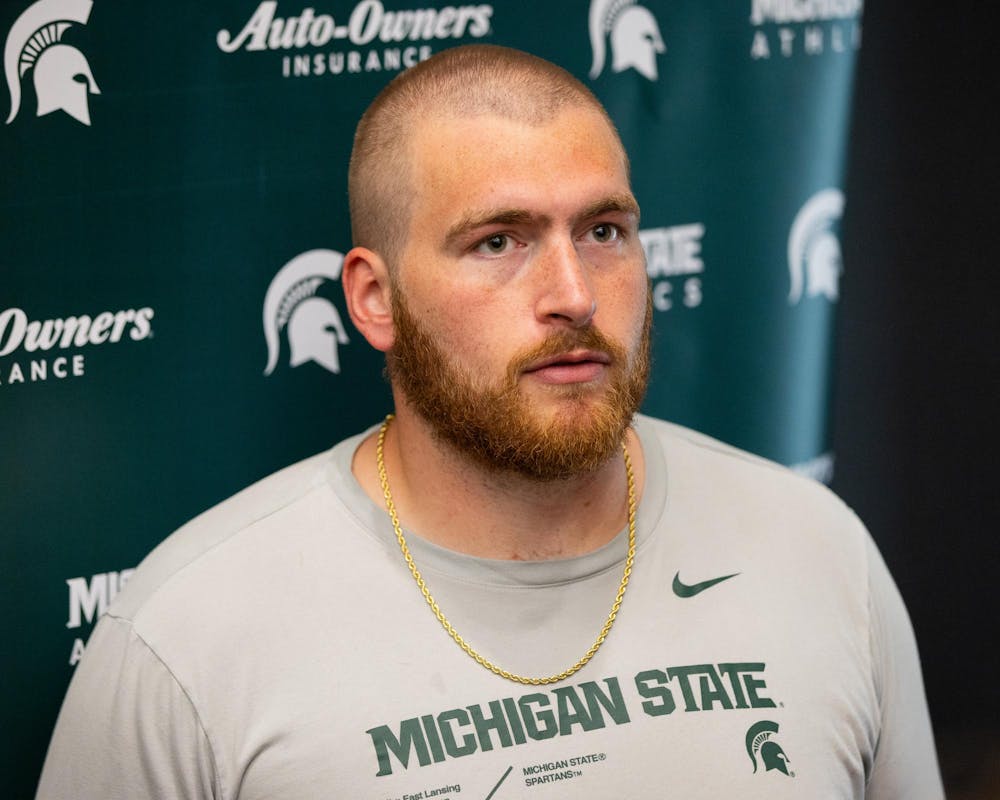 <p>Michigan State OL, Ben Murawski, answers questions during a press conference in the Skandalaris Football building in East Lansing, Mich., on Aug. 6, 2026.</p>