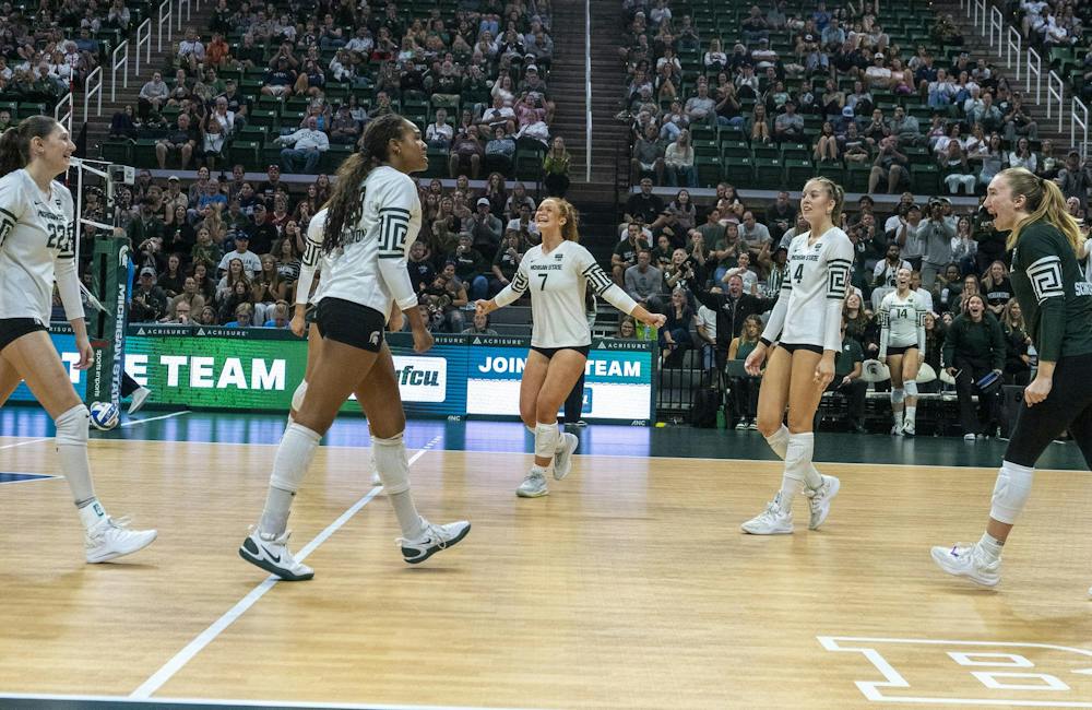 <p>MSU sophomore Malayah Long celebrates goal with teammates at Breslin Center during the MSU vs. Penn State Volleyball game in East Lansing, Mich., on Sunday, Sep. 27th, 2026. </p>