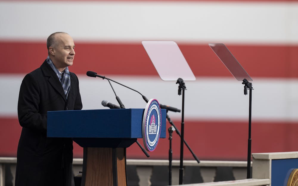 <p>Lansing Mayor Andy Shor welcomes the crowd, opening the 2023 Gubernatorial Inauguration on Sunday, Jan. 1, 2023, at the Michigan State Capitol.</p>