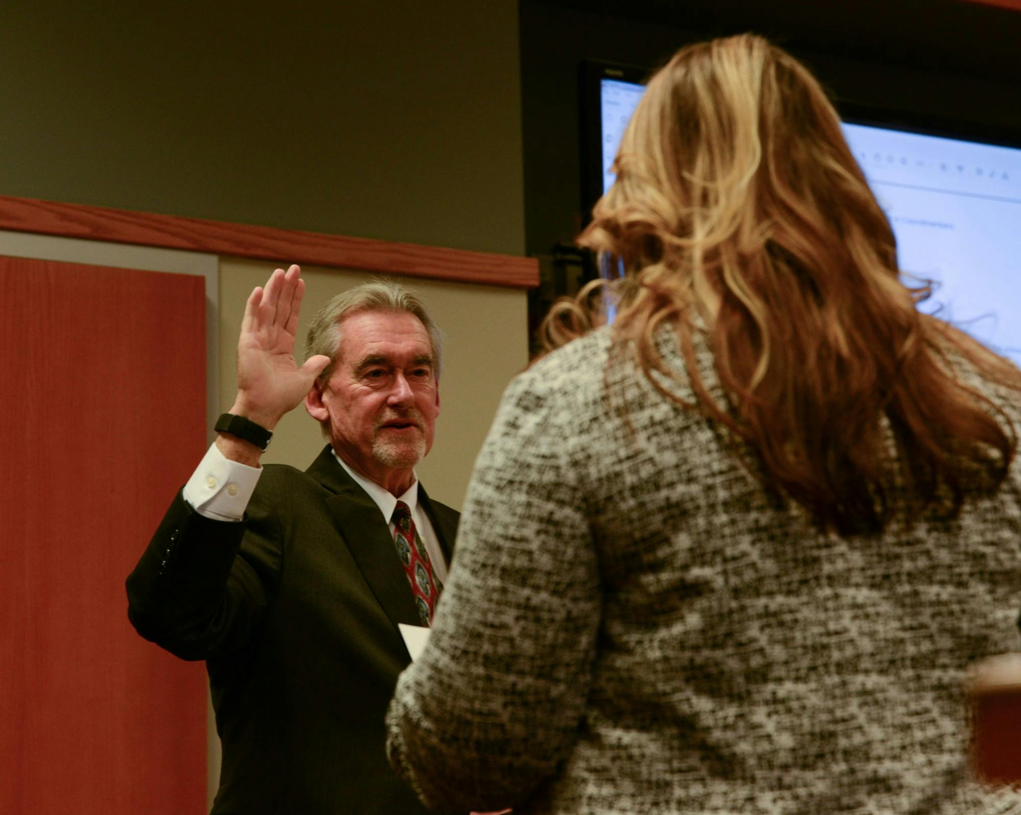 <p>Council Member Mark Meadows is sworn in during the East Lansing City Council meeting on Nov. 12, 2019 at the East Lansing City Offices.</p>