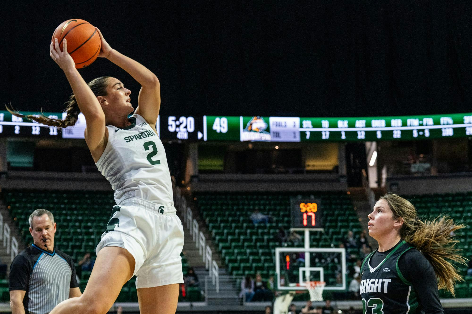 <p>Michigan State University sophomore guard Abbey Kimball (2) passing the ball for the game against Wright State University at the Breslin Center on Nov. 12, 2023.</p>