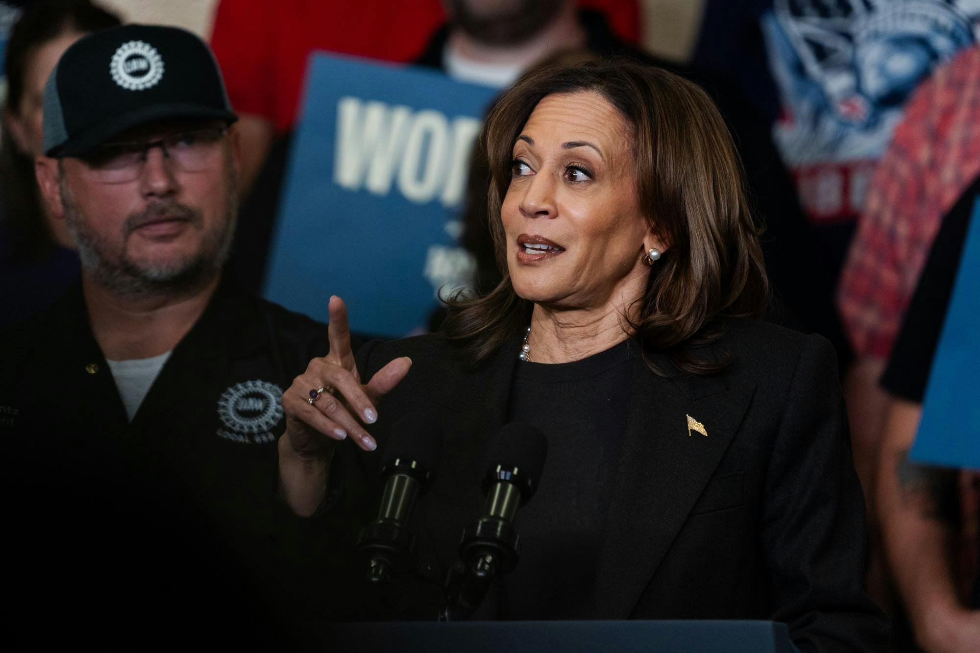 <p>U.S. Vice President Kamala Harris delivers remarks to local union workers at UAW Local 652 in Lansing on Oct. 18, 2024.</p>