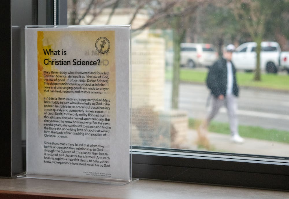 On the corner of Grand River Ave. and Collingwood Dr. sits the Christian Science Reading Room. MSU students walk past everyday wondering what goes on inside. The reading room has signs displayed on April 18, 2022 to tell newcomers who they are. 