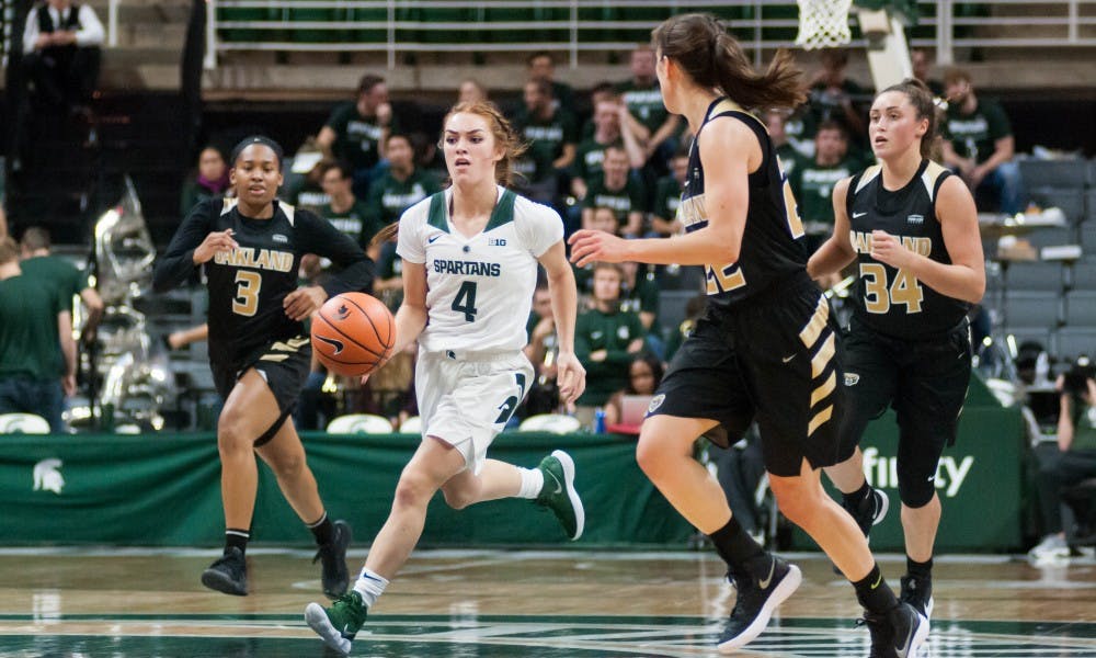 Sophomore guard Taryn McCutcheon (4) dribbles the ball down the court during the game against Oakland on Nov. 13, 2017, at Breslin Center. The Spartans defeated the Grizzlies 95-63.