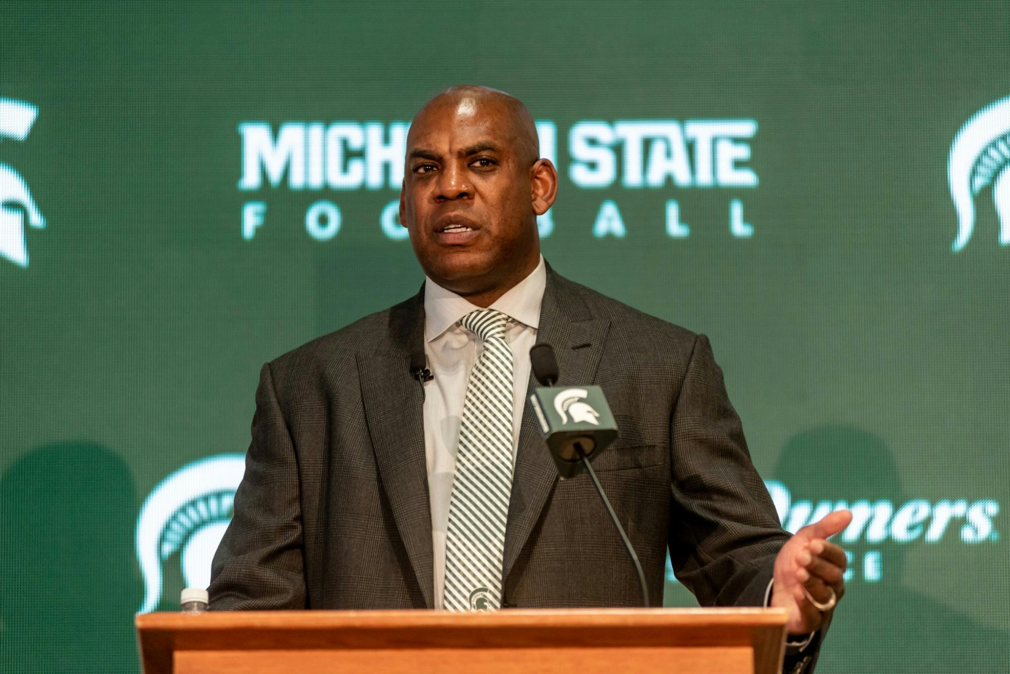 <p>New head football coach Mel Tucker speaks at his introductory press conference at the Breslin Student Events Center on Feb. 12, 2020.</p>