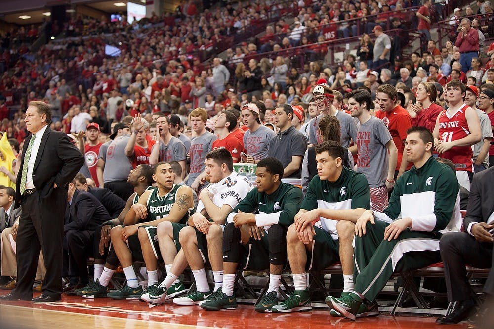 <p>The Spartans react to the game against Ohio State on March 9, 2014, at Value City Arena in Columbus, Ohio. The Spartans lost, 69-67. Kelly Roderick/Republished with permission of The Lantern, thelantern.com, Ohio State University</p>