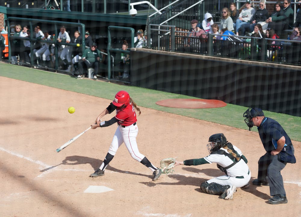 <p>Nebraska senior Cam Ybarra hitting it down the middle, getting a single in the fifth inning. Spartans lost 5-4 against Nebraska, on April 10, 2022.</p>
