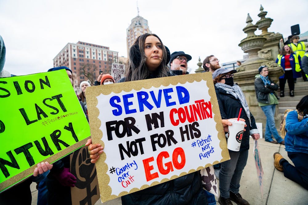 <p>Thousands of protestors gather for the 50501 movement in protest of the Trump administration’s executive actions at the Michigan State Capitol in Lansing on April 5, 2025.</p>